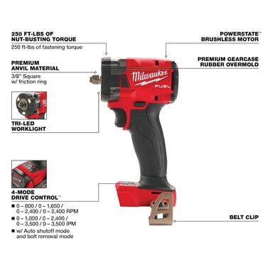 Milwaukee M18 FUEL 3/8 Compact Impact Wrench with Friction Ring (Bare Tool), large image number 2