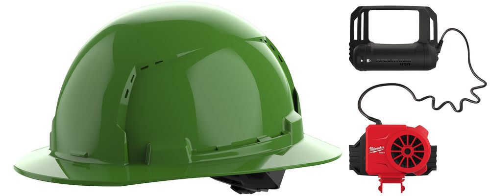 Milwaukee BOLT Green Full Brim Vented Hard Hat with 4pt Ratcheting Suspension Type 1 Class C & Cooling Fan Bundle, large image number 1
