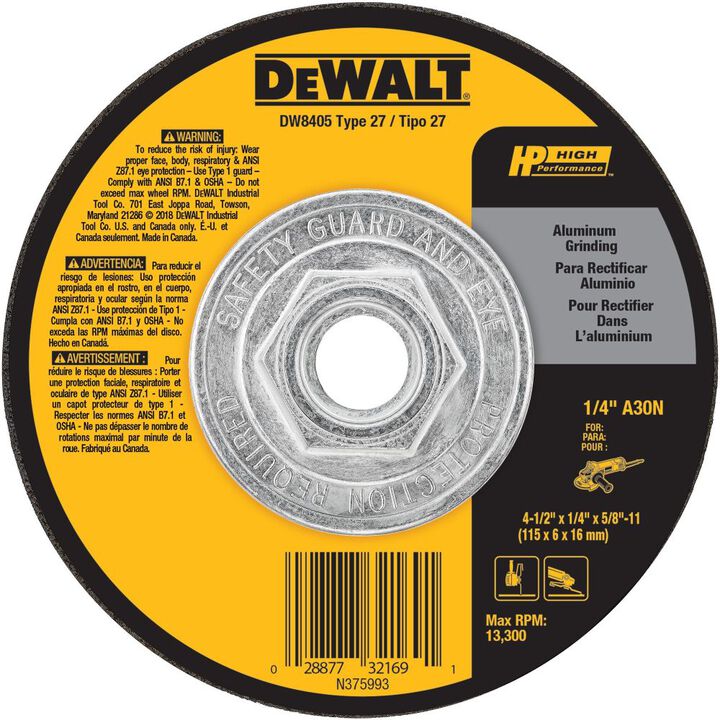 DEWALT 4-1/2 In x 1/ 4 In x 5/ 8 In-11 Aluminum Grinding Wheel, large image number 0