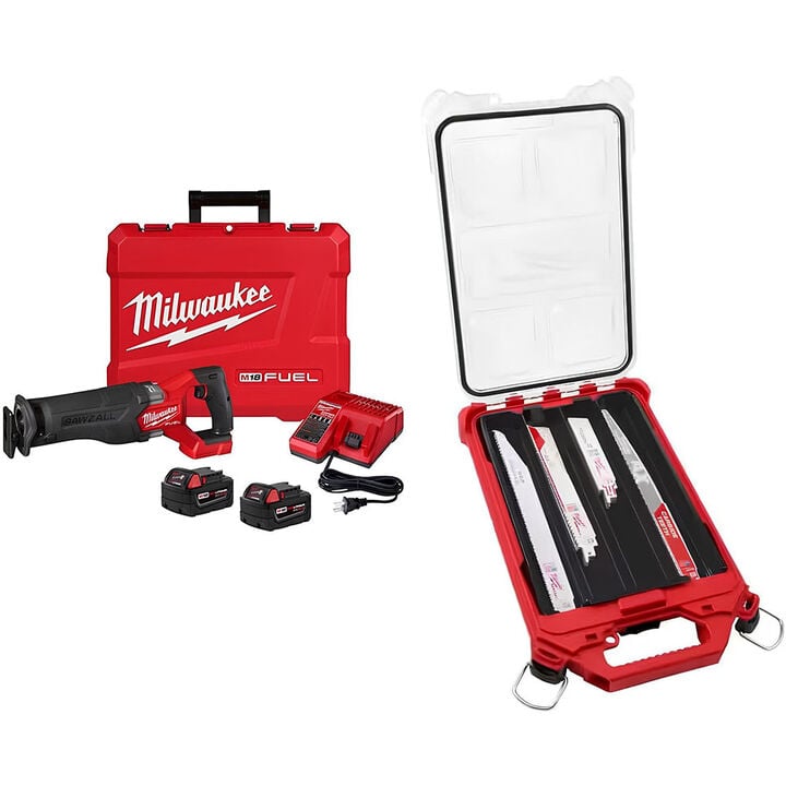 Milwaukee M18 Reciprocating Saw-(2) XC5.0, 15Piece Blade Packout Kit Bundle