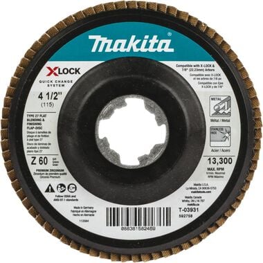 Makita X-LOCK 41/2in 60 Grit Type 27 Flat Blending and Finishing Flap Disc for X-LOCK and All 7/8in Arbor Grinders