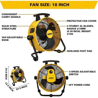 DEWALT 18 in Drum Fan Yellow 3 Speed Heavy Duty with 6 ft Power Cord, large image number 2