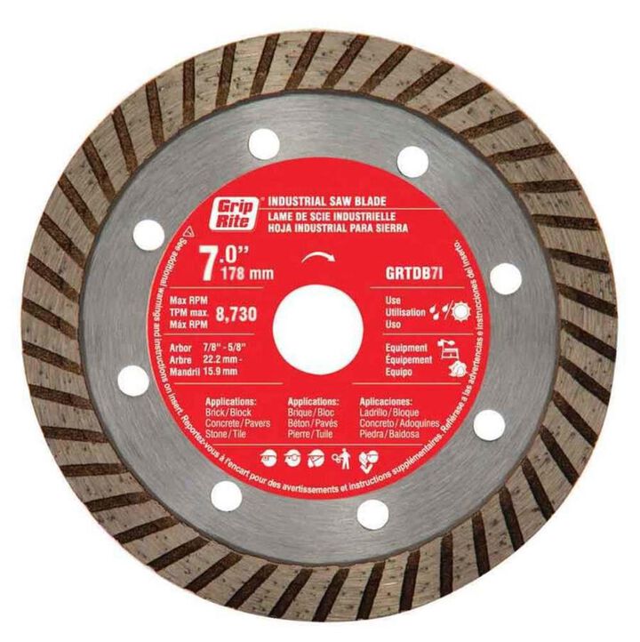 Grip Rite 7 Inch Industrial Turbo Rim Diamond Blade for Brick, Concrete, and Tile