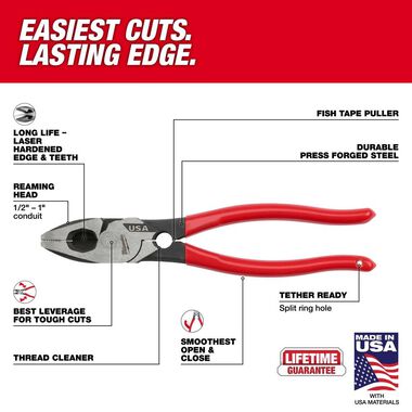 Milwaukee 9inch Linemans Dipped Grip Pliers with Thread Cleaner (USA), large image number 2