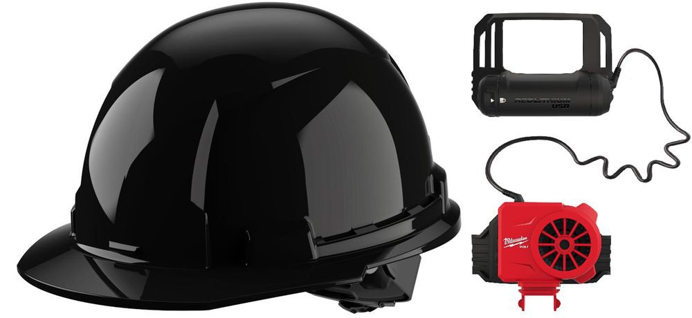 Milwaukee Black Front Brim Hard Hat with 4pt Ratcheting Suspension Type 1 Class E & BOLT USB Cooling Fan Bundle, large image number 1