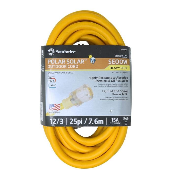 Southwire SEOOW Polar Solar 25 Ft Yellow 12/3 Heavy-Duty Outdoor Extension Cord with Power Light Indicator, large image number 0