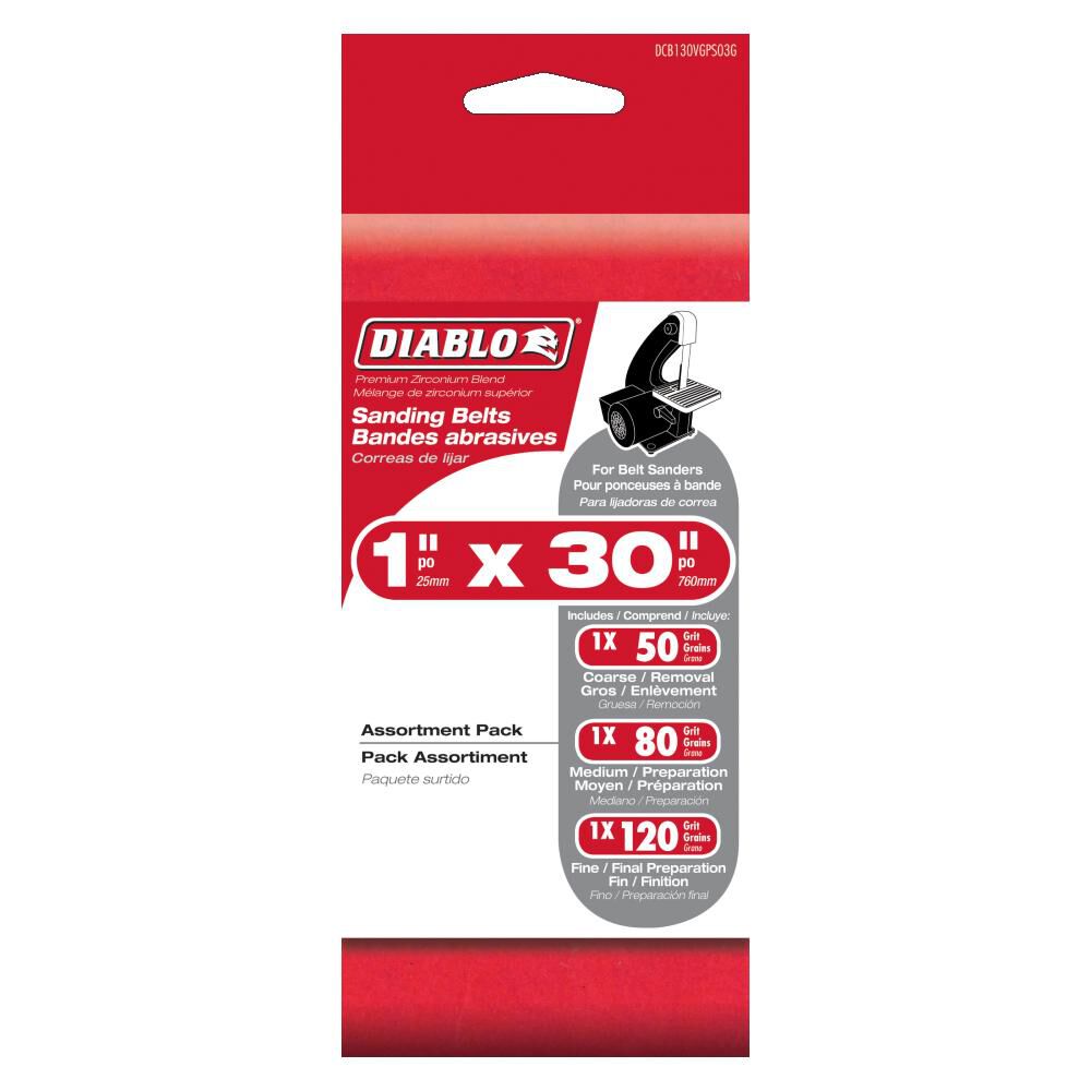 Diablo Tools 1in x 30in Sanding Belt Assorted 3pk DCB130VGPS03G Acme Tools