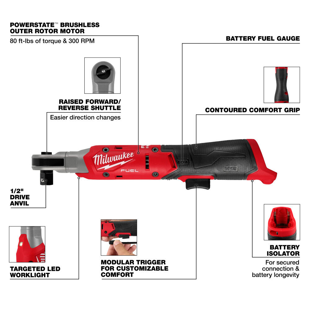 Milwaukee M12 FUEL 1/2 Inch Ratchet (Bare Tool), large image number 4
