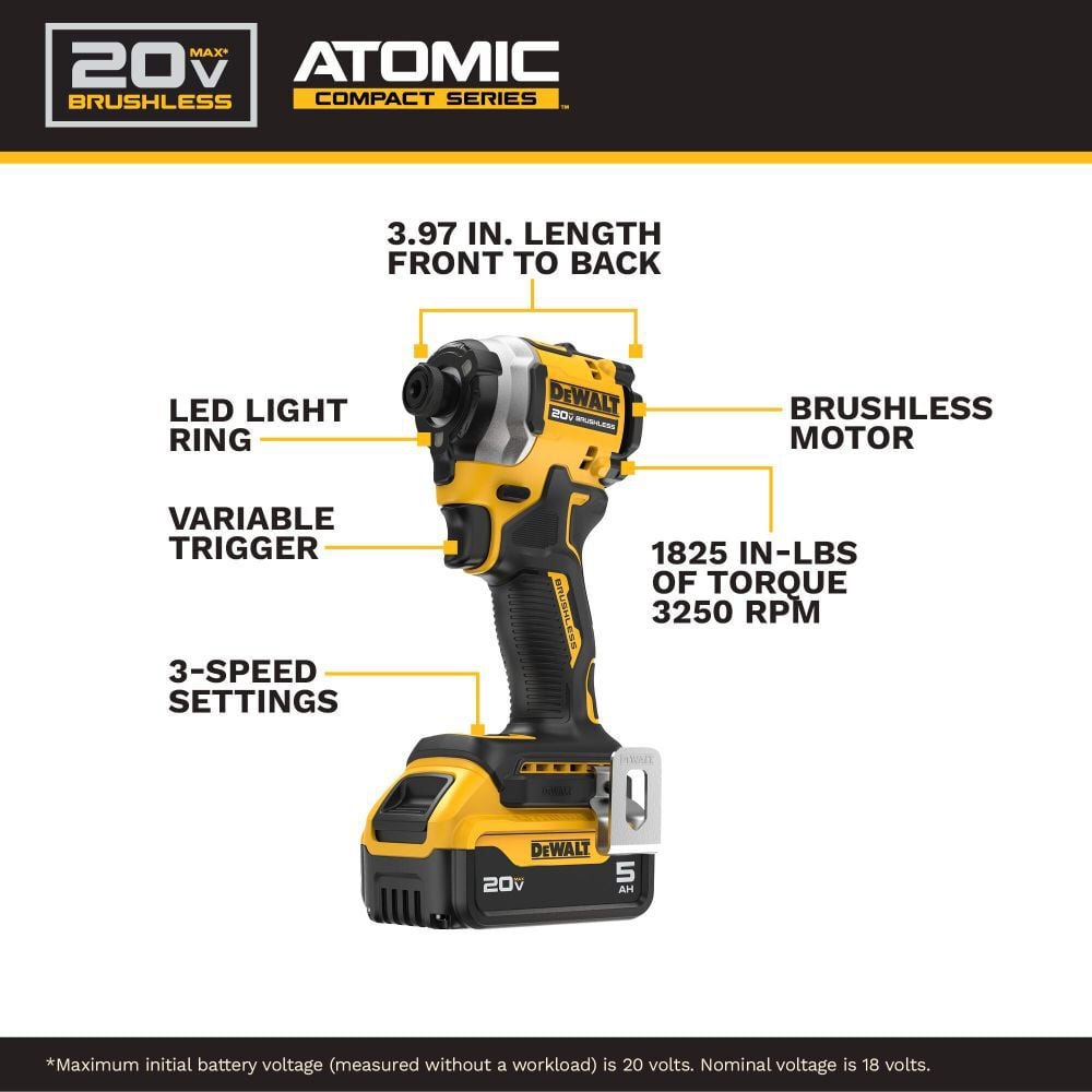 DEWALT ATOMIC 20V MAX Impact Driver Kit 1/4 Inch 3 Speed Brushless Cordless, large image number 4