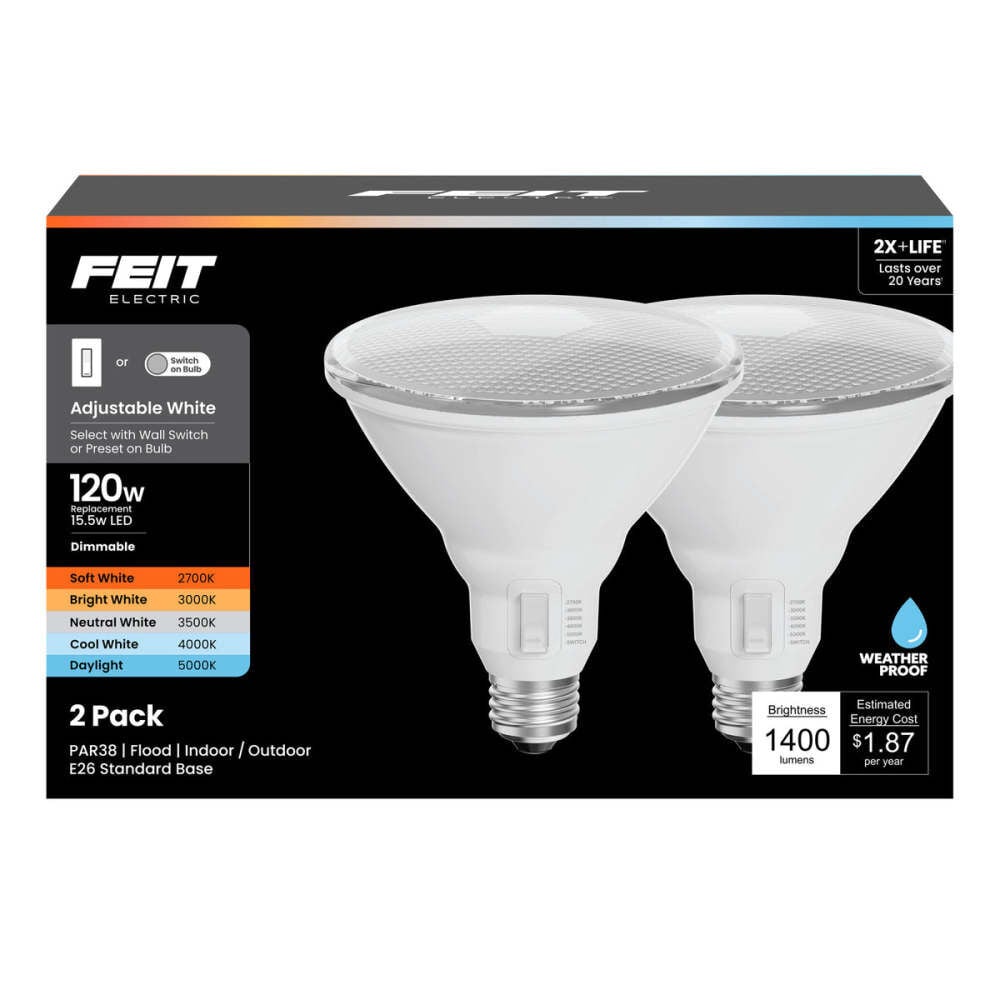 Feit Electric 15.5W 1400 Lumens E26 Base PAR38 Adjustable LED Bulb White 2 Pieces – 3018689