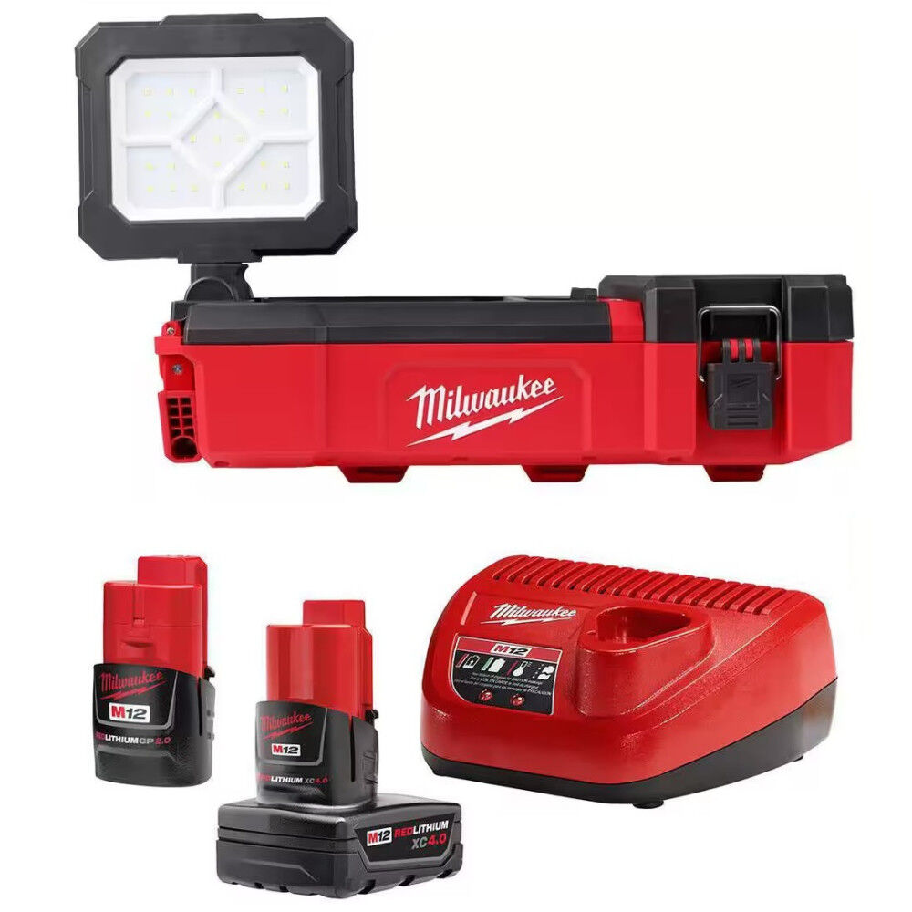 Milwaukee M12 Packout Flood Light, 12V 4Ah & 2Ah Battery Starter Kit Bundle, large image number 1
