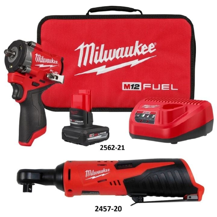 Milwaukee M12 Stubby 3/8 Inch Impact Wrench Kit and 3/8 Inch Ratchet Bundle, large image number 1