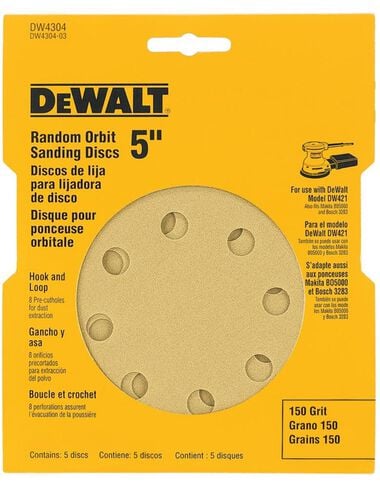 DEWALT 5 In. 8 Hole 150 Grit H&L Random Orbit Sandpaper (5), large image number 0