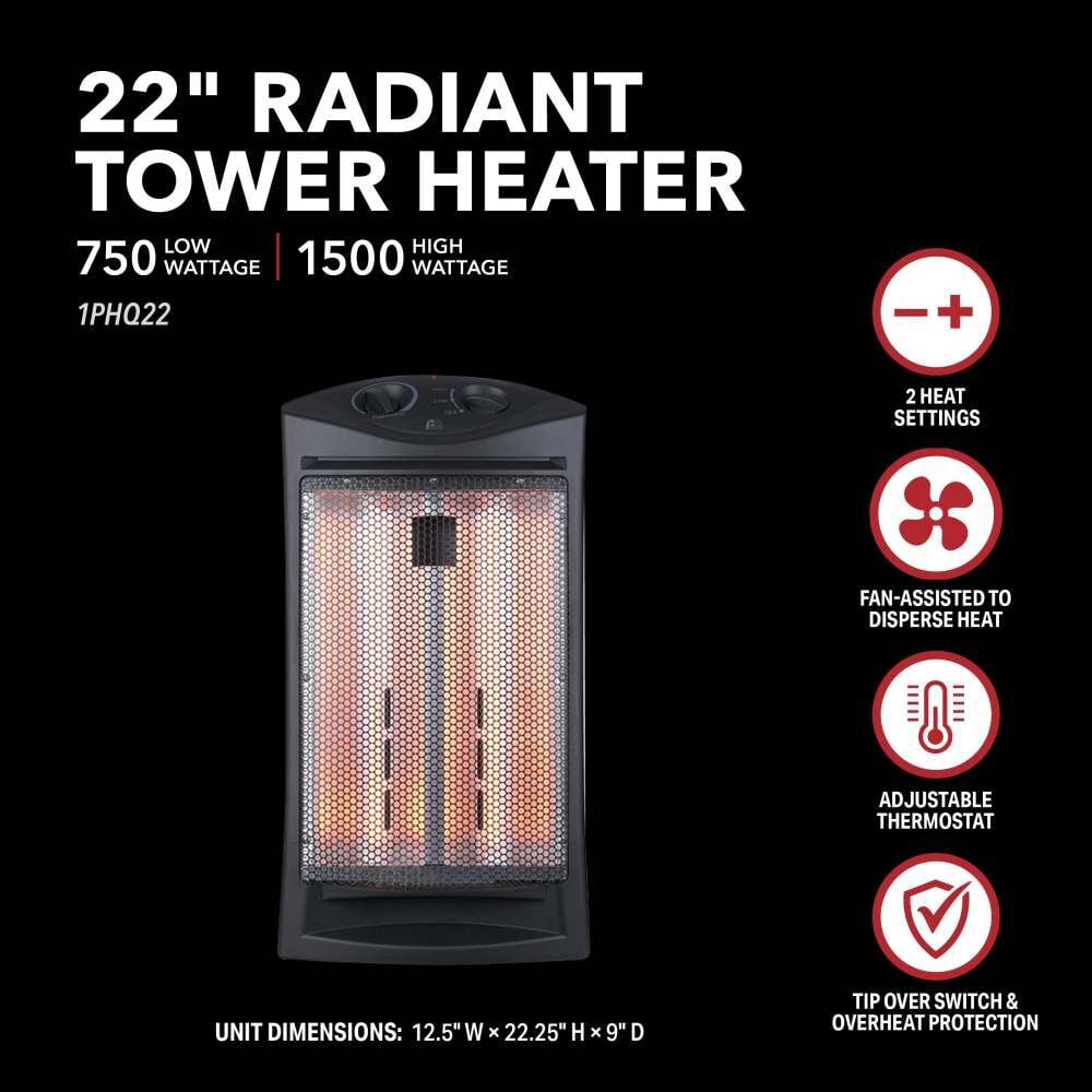 Perfect Aire 22 Inch 1500/750W 5118 BTU Black Infrared Radiant Tower Heater, large image number 3