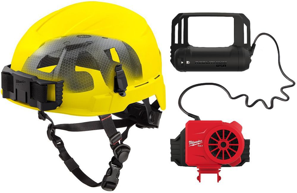 Milwaukee BOLT Yellow Safety Helmet with IMPACT ARMOR Liner Type 2 Class E & USB Cooling Fan Bundle - MIL000011838