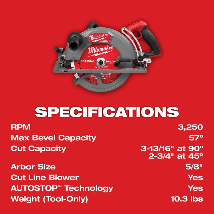 Milwaukee M18 FUEL 10-1/4 Inch Rear Handle Circular Saw (Bare Tool) and 10-1/4 Inch 28T Thick Kerf Framing Circular Saw Blade Bundle, large image number 7