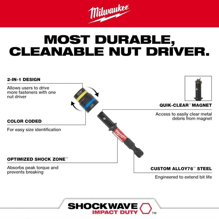 Milwaukee SHOCKWAVE Impact Duty 5/16 in and 3/8 in x 2-1/2 in QUIK-CLEAR 2-in-1 Magnetic Nut Driver, large image number 3