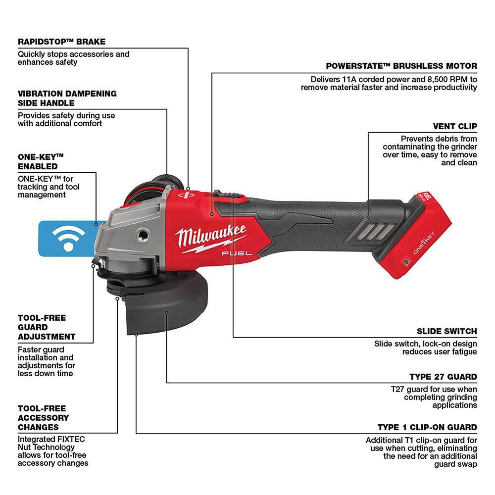 Milwaukee M18 FUEL 4-1/2inch / 5inch Braking Grinder with ONE-KEY (Bare Tool) Reconditioned, large image number 6