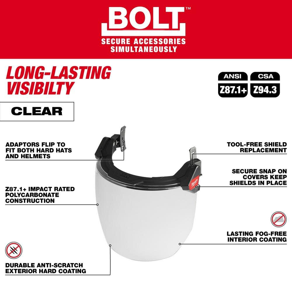 Milwaukee BOLT Full Face Shield Clear Dual Coat Lens Compatible with Safety Helmets & Hard Hats, large image number 4