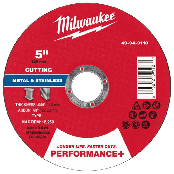Milwaukee 5 Inch x .045 Inch x 7/8 Inch Performance+ Metal Cut Off Wheel Type 1, large image number 0