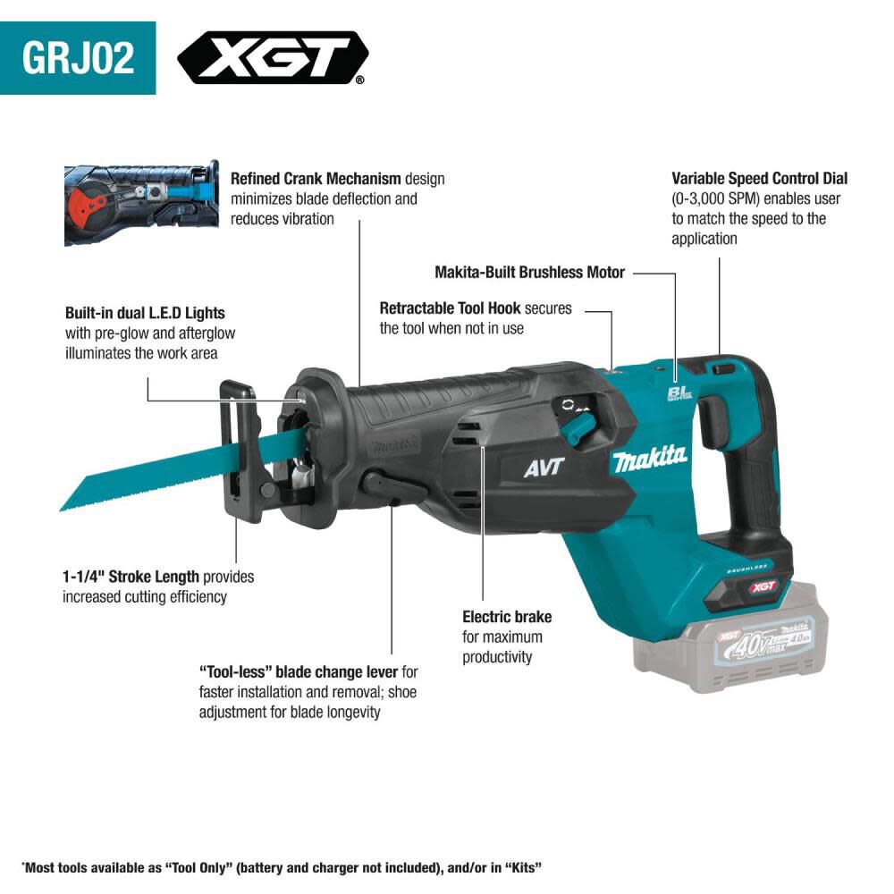 Makita 40V Max XGT Brushless Cordless AVT Orbital Recip Saw, Tool Only, All Purpose Recip Blade (5 Pack), and 4Ah Battery Bundle, large image number 13