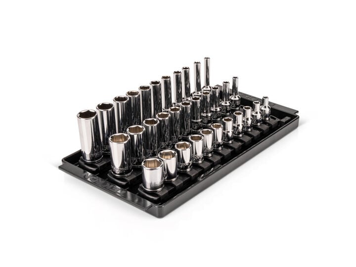 Tekton 1/4 Inch Drive Shallow, Semi-Deep, and Deep 6 Point Sockets, Rail, 33 Pieces, large image number 0