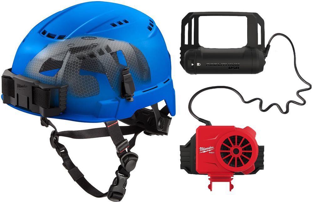 Milwaukee BOLT Blue Vented Safety Helmet with IMPACT ARMOR Liner Type 2 Class C & USB Cooling Fan Bundle - MIL000011808