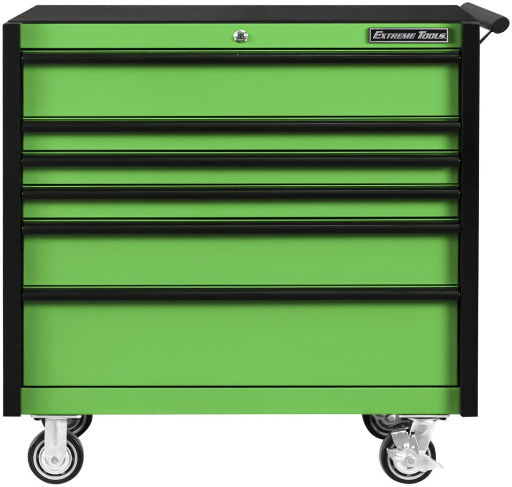 Extreme Tools DX Series 41 Inch W X 25 Inch D 6 Drawer Roller Cabinet 100 lbs Slides Green with Black Drawer Pulls – DX412506RCGNBK