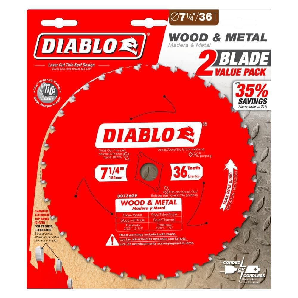 Diablo Tools 7-1/4 inch x 36 Tooth C-ATB Wood & Metal Cutting Circular Saw Blade with 5/8 inch Diamond Arbor 2 Pack, large image number 2