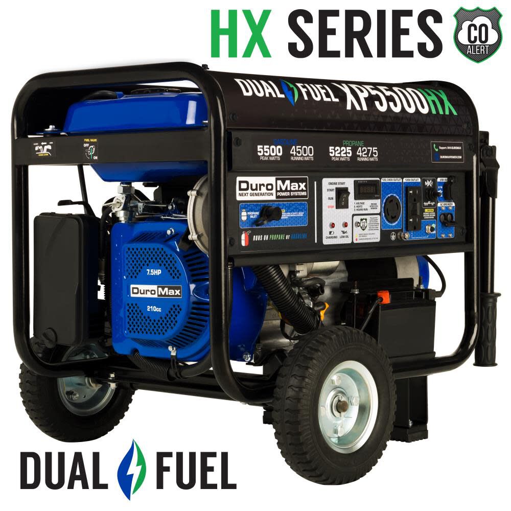 Duromax 5, 500 Watt Dual Fuel 50-State Portable Generator with CO Alert – XP5500HX