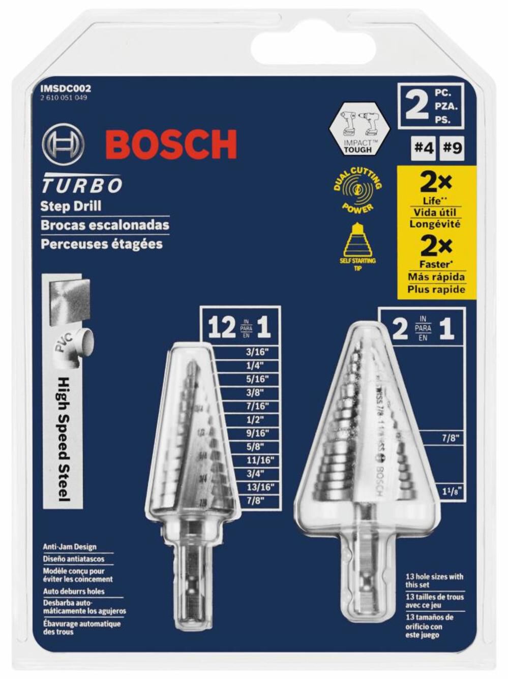 Bosch High Speed Steel Impact Tough Turbo Step Drill Bit Set 2pc