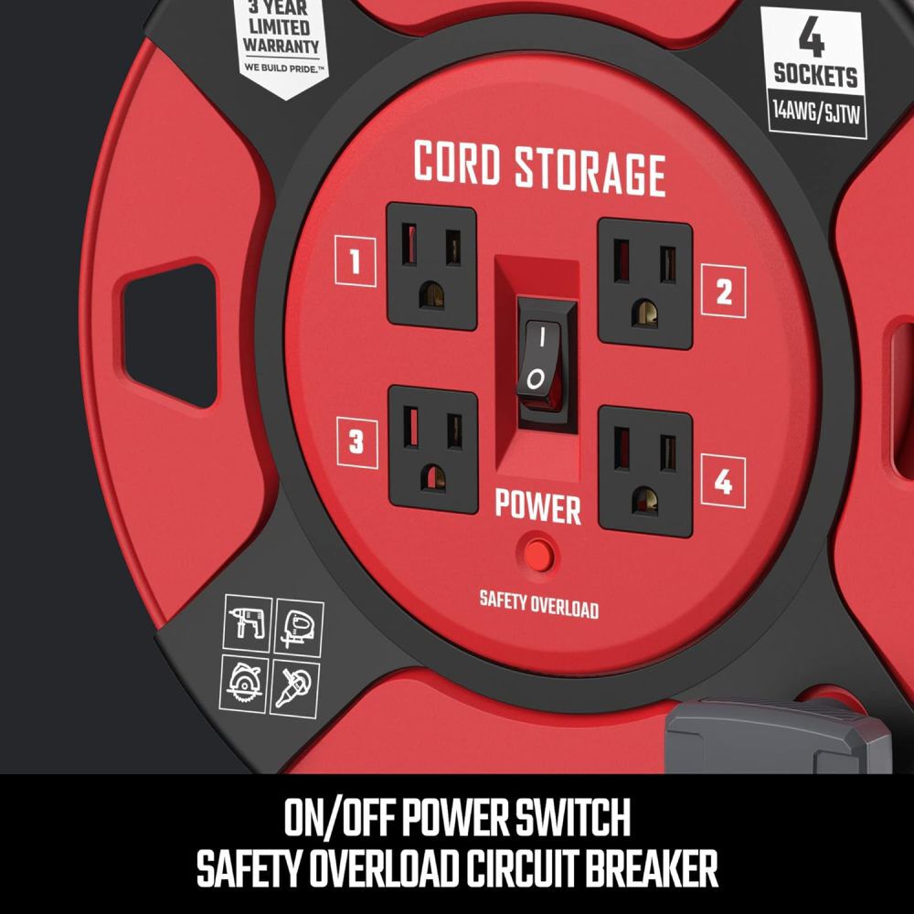 CRAFTSMAN 1 Foot Retractable Extension Cord Reel with 4 Outlets, large image number 6