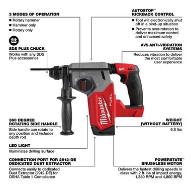 Milwaukee M18 FUEL Rotary Hammer 1inch SDS Plus (Bare Tool), large image number 6