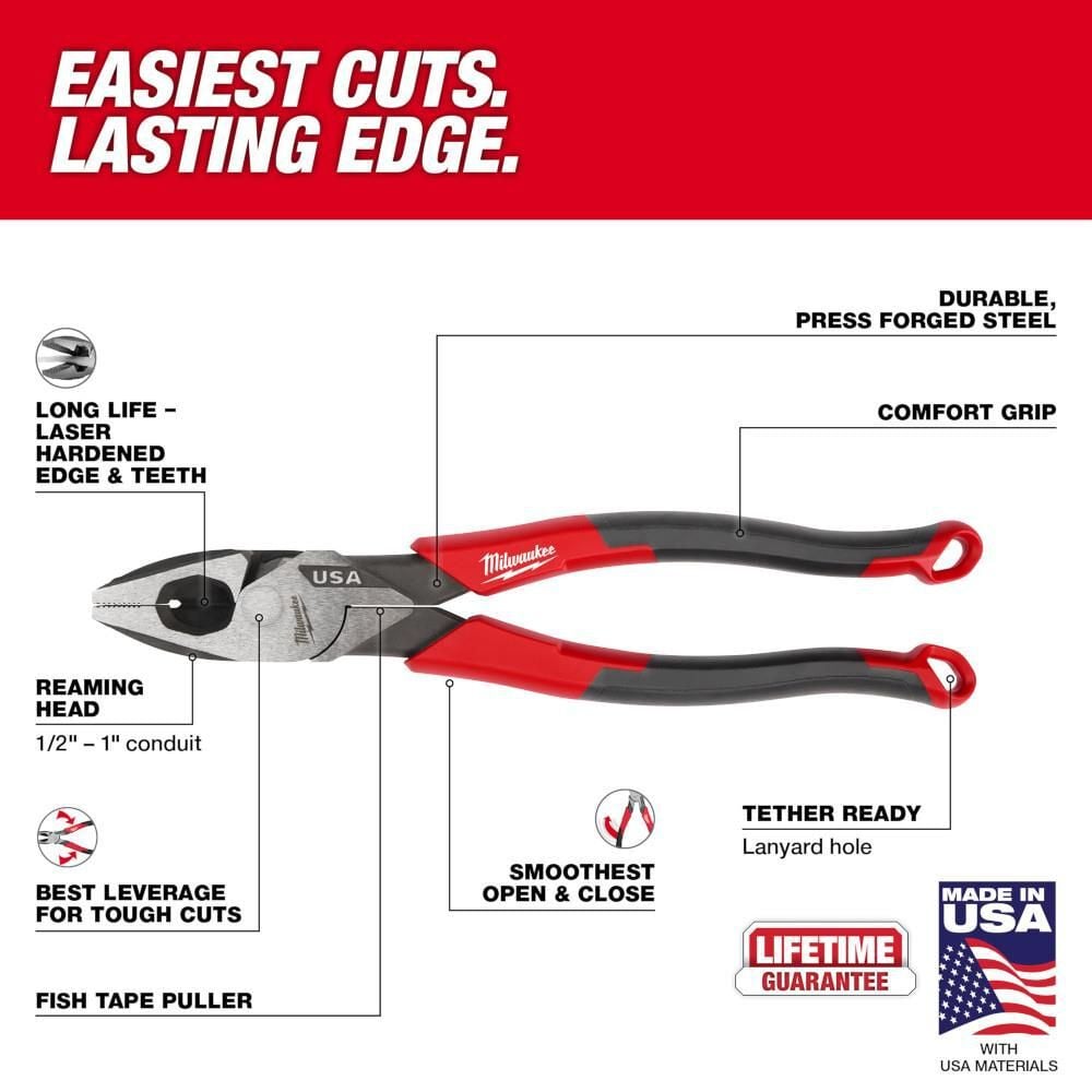 Milwaukee 9inch Linemans Comfort Grip Pliers (USA), large image number 3
