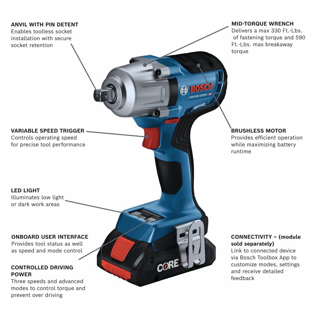 Bosch 18V 1/2-Inch Mid-Torque Impact Wrench Kit with Pin Detent Reconditioned, large image number 2
