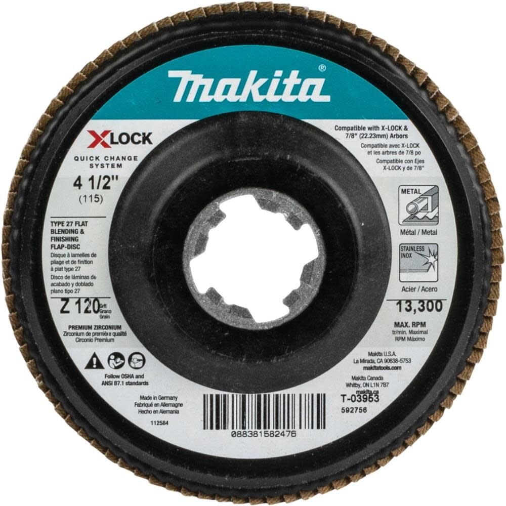 Makita X-LOCK 41/2in 120 Grit Type 27 Flat Blending and Finishing Flap Disc for X-LOCK and All 7/8in Arbor Grinders - T-03953