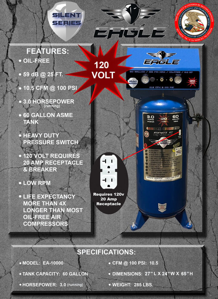Eagle Compressor Silent Series Air Compressor 60 Gallon Electric Portable, large image number 5