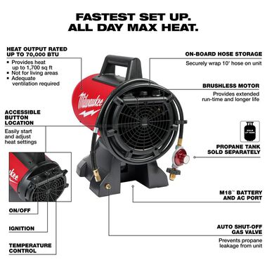 Milwaukee M18 Propane Heater Forced Air 70000 BTU (Bare Tool) 0801-20 from  Milwaukee - Acme Tools