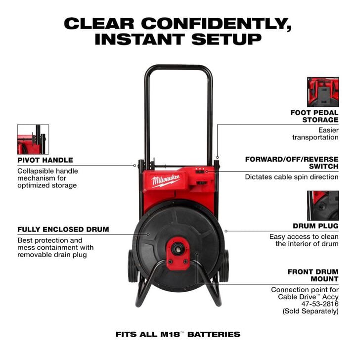 Milwaukee M18 Drum Machine for 3/8-1/2 Cable, large image number 6