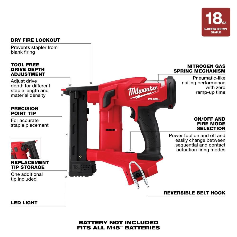 Milwaukee M18 FUEL 18 Gauge 1/4 in. Narrow Crown Stapler (Bare Tool), large image number 8