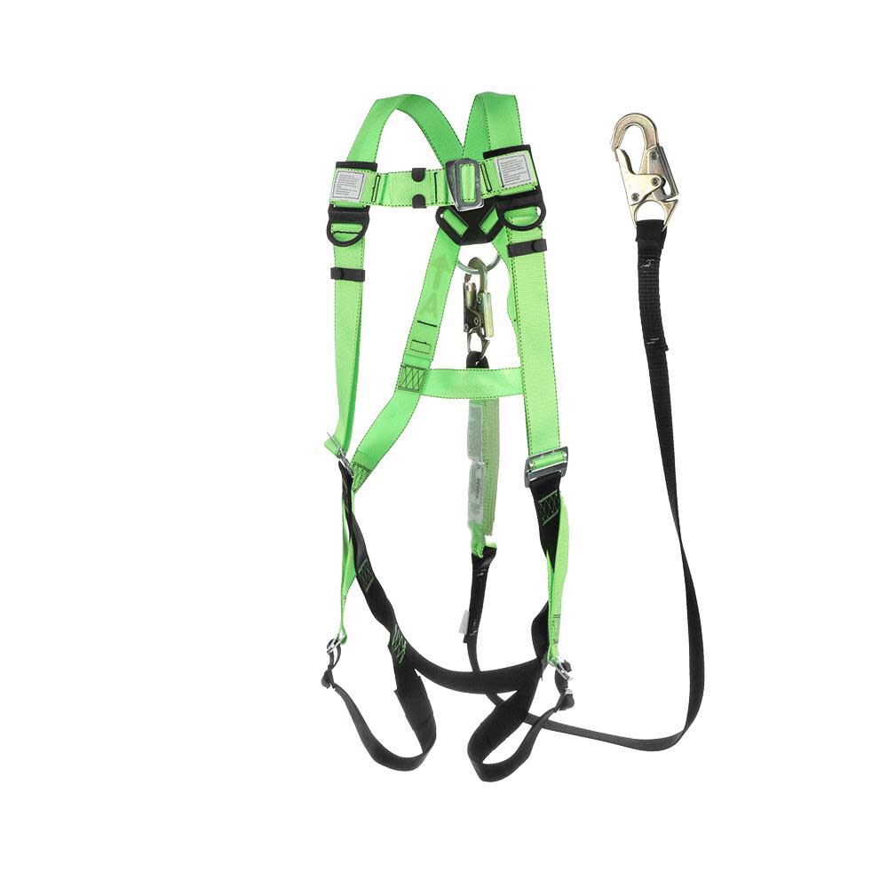 Peakworks Adjustable Full Body Safety Harness 6 Ft. Shock Absorbent Lanyard  with Snap Hook Compliance Kit Green Universal Fit V8252366 - Acme Tools