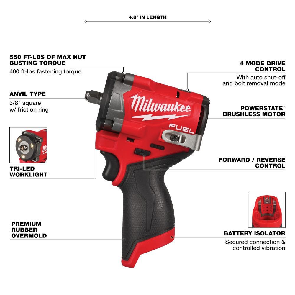 Milwaukee M12 FUEL Stubby 3/8" Impact Wrench (Bare Tool) with Protective Boot, large image number 3
