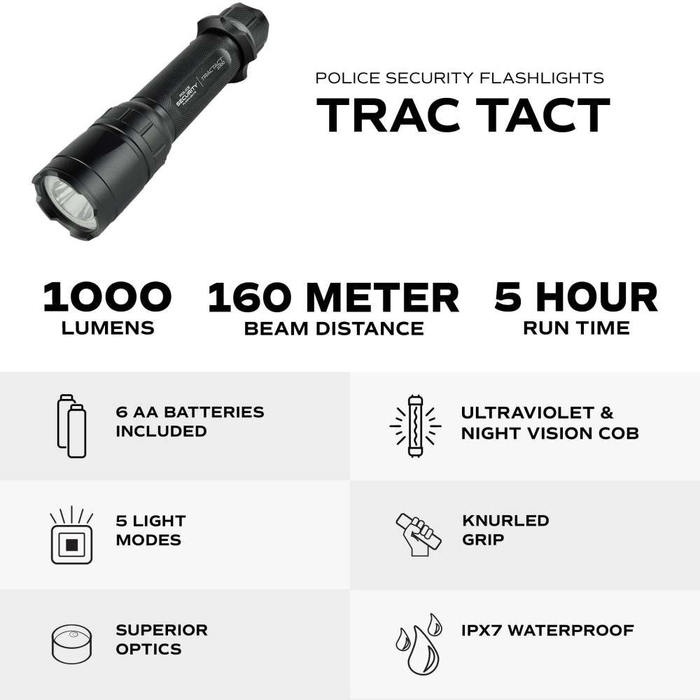 Police Security TRAC TACT 1000 Lumens 6 AA Alkaline Battery Powered UV Flashlight, large image number 5