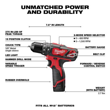 Milwaukee M12 3/8 in. Hammer Drill/Driver (Bare Tool), large image number 2
