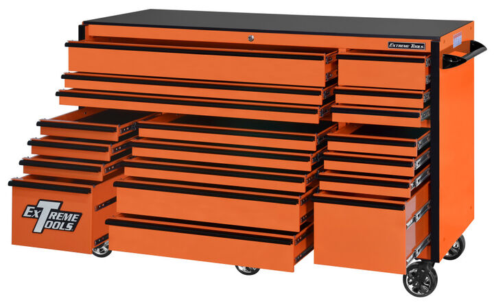 Extreme Tools RX Series 72 Inch W x 30 Inch D 19 Drawer Triple Bank Roller Cabinet 250 lbs Slides Orange with Black Drawer Pulls, large image number 1