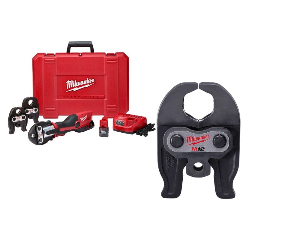 Milwaukee M12 FORCE LOGIC Press Tool Kit with Jaws & 1 1/4 Inch CTS-V Press Jaw Bundle – 2473-22-49-16-2453