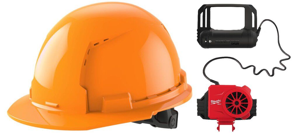 Milwaukee Orange Front Brim Vented Hard Hat with 6pt Ratcheting Suspension Type 1 Class C & BOLT USB Cooling Fan Bundle, large image number 1