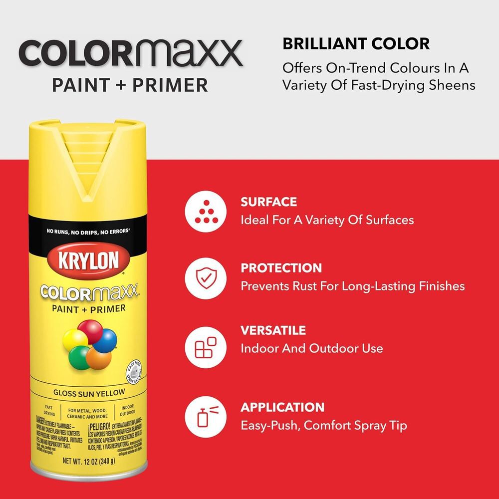 Krylon 12 Oz Gloss Sheen COLORmaxx Paint and Primer Sun Yellow, large image number 6