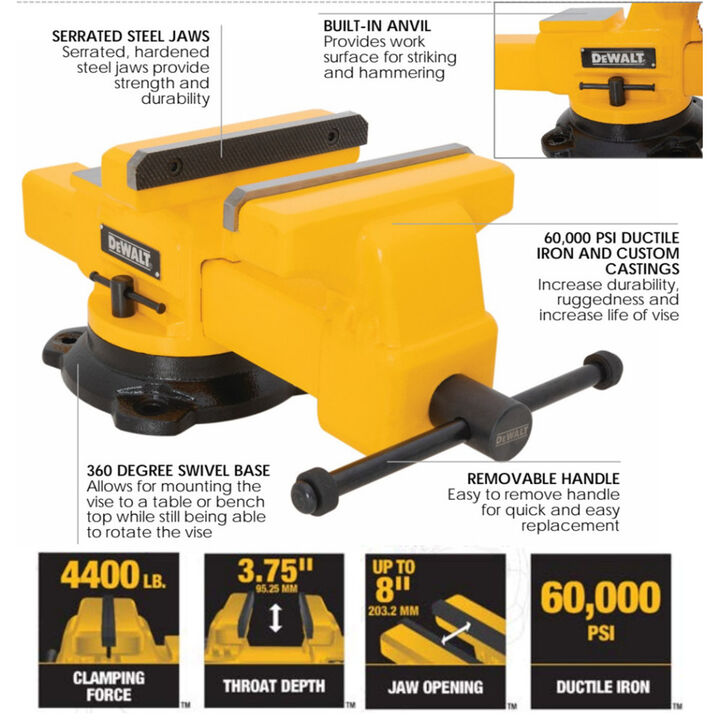 DEWALT 8 Inch Swivel Base Bench Vise with Anvil, large image number 4