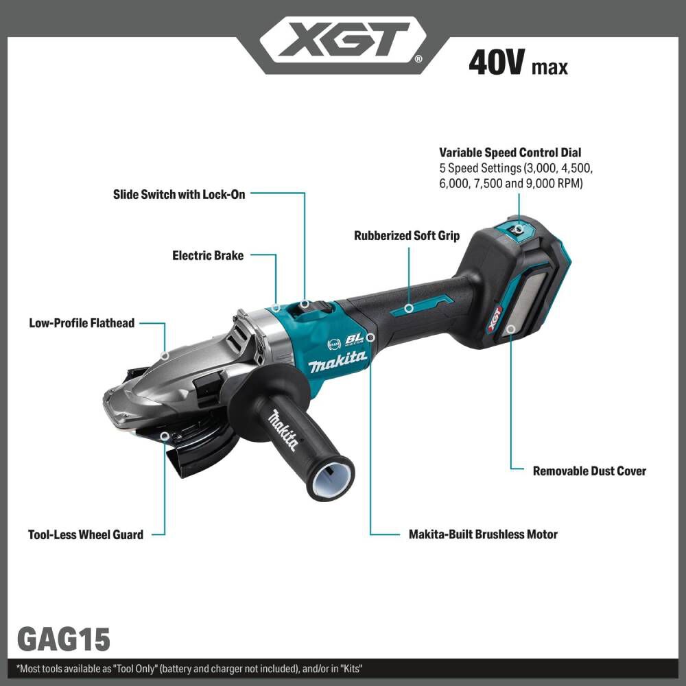 Makita 40V max XGT Brushless Cordless 5 Inch Slide Switch Flathead Grinder Variable Speed with Electric Brake (Bare Tool), large image number 2
